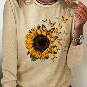 Women’s Butterfly Sunflower Print  Casual Cotton-Blend Long Sleeve Shirt, Long sleeves, Lilicloth.com