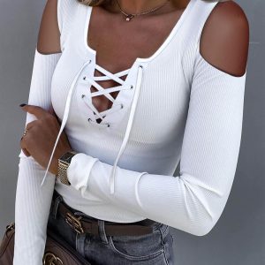 Grommet Eyelet Lace-Up Cold Shoulder Ribbed Top, T-shirt & Tees, chicme - Women's Fashion Online