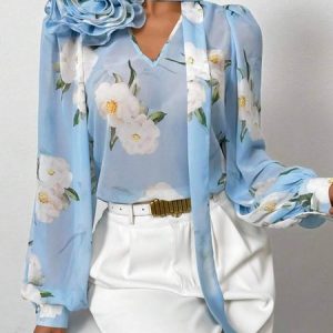 Loose Vacation Floral V Neck Shirt, Blouses and Shirts, color:Blue|size:XXL, Stylewe