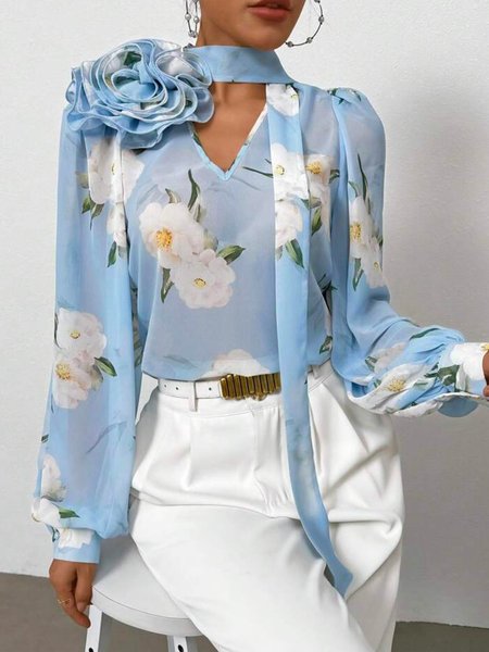 Loose Vacation Floral V Neck Shirt, Blouses and Shirts, color:Blue|size:XXL, Stylewe