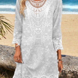 Women Plain Lace Collar Half Sleeve Comfy Casual Lace Short Dress, Short, color:White|size:XXL, Noracora