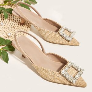 Elegant Imitation Pearl Buckle Straw Pyramid Heeled Slingback Sandals, Sandals, color:Apricot|size:43, Stylewe