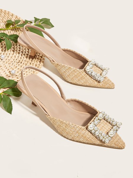 Elegant Imitation Pearl Buckle Straw Pyramid Heeled Slingback Sandals, Sandals, color:Apricot|size:43, Stylewe