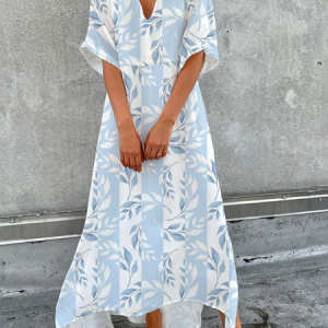 Women Leaf V Neck Half Sleeve Comfy Casual Maxi Dress, Dresses, color:Blue|size:XXL, Noracora