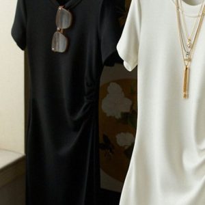 Women Plain Crew Neck Short Sleeve Comfy Casual Midi Dress, Dresses, color:Black|size:XL, Noracora