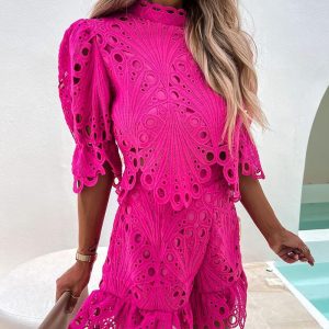 2PCS Mock Neck Guipure Lace Too /w Shorts Set, Two-piece Sets, chicme - Women's Fashion Online