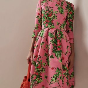 Daily Crew Neck Regular Fit Floral Urban Dress, Midi Dresses, color:Pink|size:XXL, Stylewe