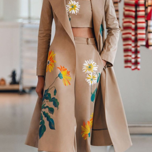 Lapel Collar Urban Regular Fit Floral Trench Coat, Trench Coats, color:Khaki|size:XXL, Stylewe