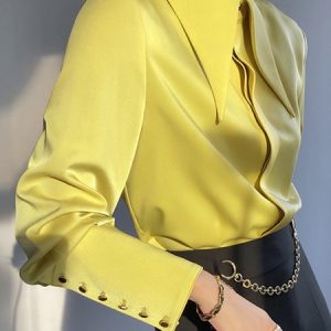 Long Sleeve Plain Urban Regular Fit Blouse, Blouses and Shirts, color:Yellow|size:XXL, Stylewe
