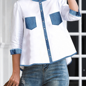 Loose Urban Stand Collar Three Quarter Sleeve Color Block Blouse, Blouses and Shirts, color:White|size:XXL, Stylewe