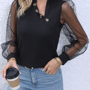 Asymmetrical Puff Sleeve Long Sleeve Plain Buckle Mesh Regular Micro-Elasticity Regular Fit Shirt For Women, Blouses, color:Black|size:XXL, Noracora