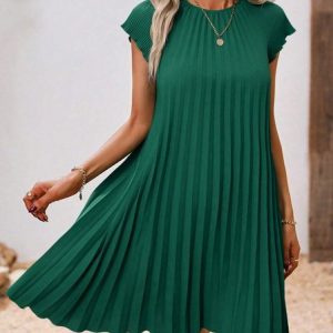 Women Plain Crew Neck Cap Sleeve Comfy Casual Short Dress, Dresses, color:Green|size:XXL, Noracora