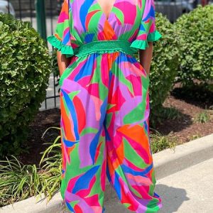 Geometric V Neck Vacation Regular Fit Jumpsuit, Jumpsuits, color:As Picture|size:XXL, Stylewe