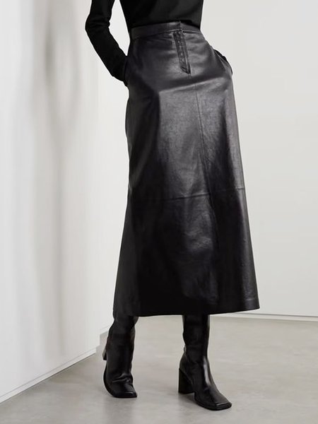 Plain Regular Fit Urban Pu Faux Leather Skirt, Skirts, color:Black|size:XXL, Stylewe