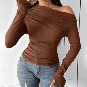 Skew Neck Ruched Long Sleeve Top, T-shirt & Tees, chicme - Women's Fashion Online