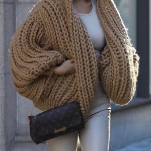 Long Sleeve Loose Plain Urban Cardigan, Cardigans, color:Brown|size:XXL, Stylewe