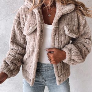 Textured Striped Turn-down Collar Button Front Elastic Cuff and Hem Teddy Fleece Jacket With Decorative Flap Pockets, women Jackets & Coats, ChicMe catalog
