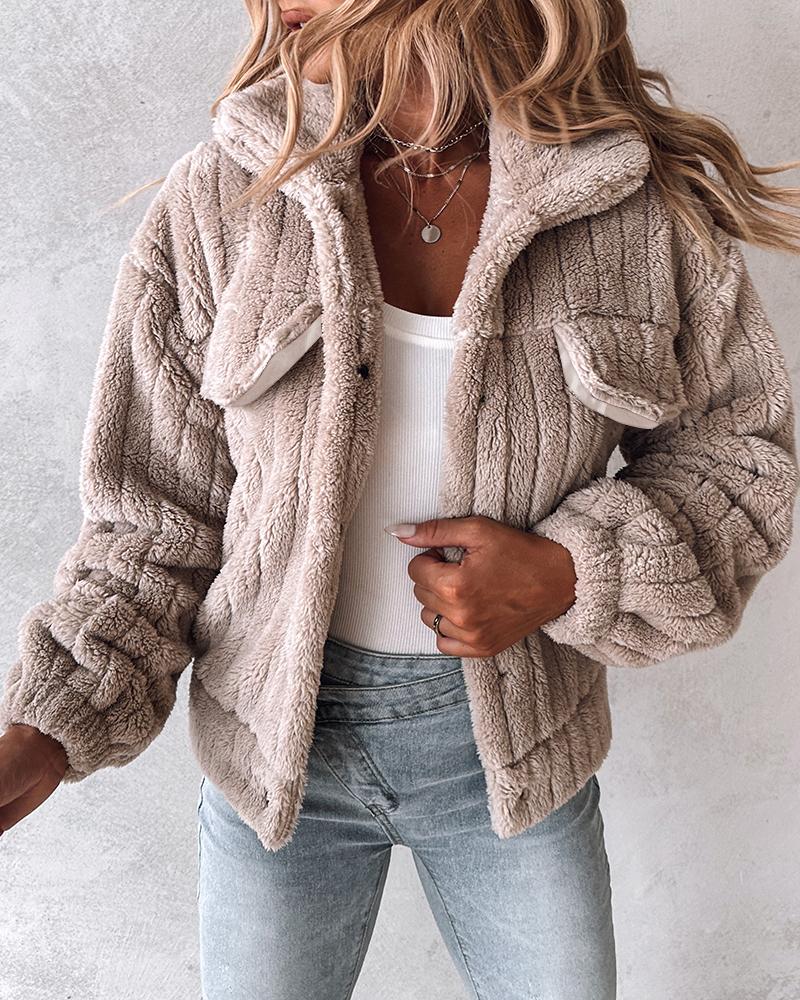 Turn-down Collar Button Front Flap Detail Teddy Jacket Casual Textured Striped Warm Coat, women Jackets & Coats, ChicMe catalog - Image 2