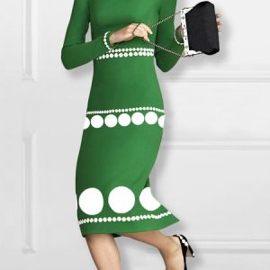 Polka Dots Elegant Tight Long Sleeve Midi Dress, Midi Dresses, color:Green|size:XXL, Stylewe