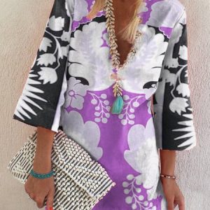 3/4 Sleeve Shift Cotton-Blend V Neck Dress, Short, color:Purple|size:3XL, catalog Noracora shop