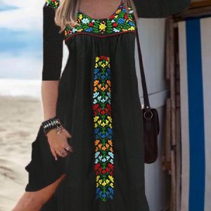 Floral-embroidered Holiday Knitting Dress, Midi, color:Black|size:3XL, Noracora