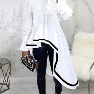 Shirt Collar Long Sleeve Loose Color Block Urban Blouse, Blouses and Shirts, color:White|size:XXL, Stylewe