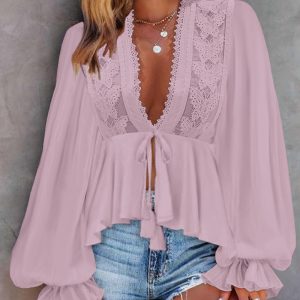 Tied Detail Lace Patch Lantern Sleeve Top, Blouses & Shirts, chicme - Women's Fashion Online