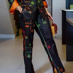 High Waist Regular Fit Urban Abstract Fashion Pants, Pants, color:Black|size:XXL, Stylewe