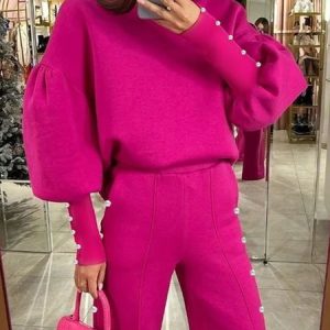 Crew Neck Urban Plain Long Sleeve Sweatshirt, Hoodies and Sweatshirts, color:Deep Pink|size:XXL, Stylewe