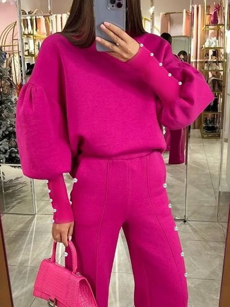 Crew Neck Urban Plain Long Sleeve Sweatshirt, Hoodies and Sweatshirts, color:Deep Pink|size:XXL, Stylewe