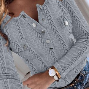 Buttoned Ribbed Long Sleeve Top, T-shirt & Tees, chicme - Women's Fashion Online