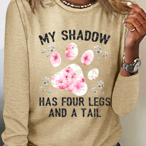 Crew Neck Long Sleeve Text Letters Regular Micro-Elasticity Regular Fit Blouse For Women, T-shirts, color:Khaki|size:3XL, catalog Noracora shop