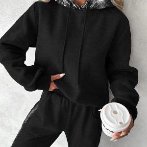 Contrast Sequin Hooded Sweatshirt & Pocket Design Sweatpants Set, Two-piece Sets, chicme - Women's Fashion Online