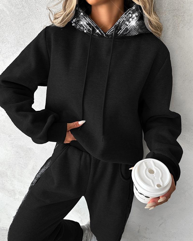 Contrast Sequin Hooded Sweatshirt & Pocket Design Sweatpants Set, Two-piece Sets, chicme - Women's Fashion Online