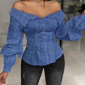 Buttoned Lantern Sleeve Off Shoulder Top, Blouses & Shirts, chicme - Women's Fashion Online
