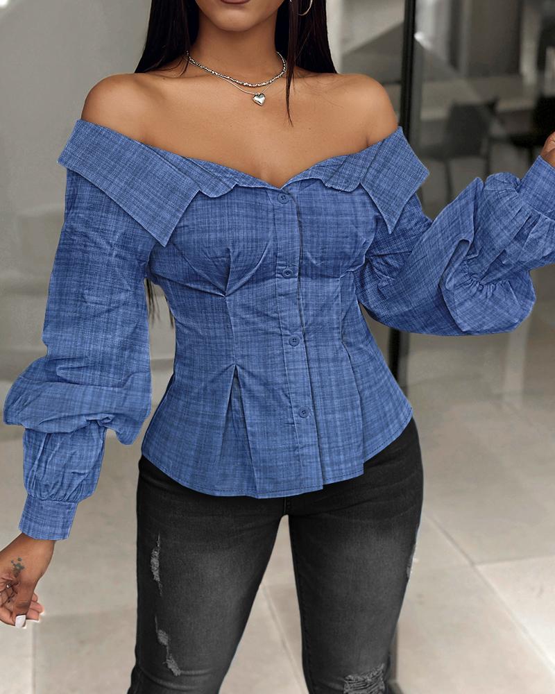Buttoned Lantern Sleeve Off Shoulder Top, Blouses & Shirts, chicme - Women's Fashion Online