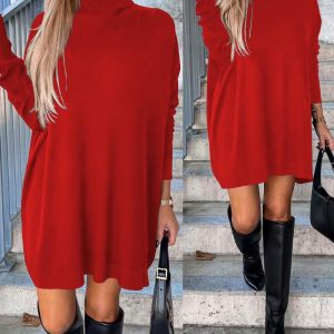 Turtleneck Long Sleeve Mini Sweater Dress Casual Minimalist Knit Dress, women Long Sleeves Dresses, ChicMe catalog