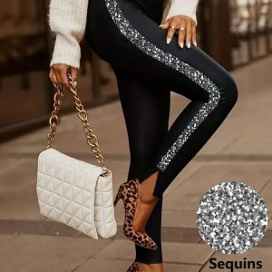 Women's Casual/Holiday Plain Glitter Tight Long Leggings, Leggings, color:Black|size:XXL, Noracora