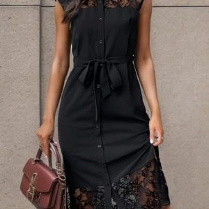Women Plain Shirt Collar Cap Sleeve Comfy Casual Lace Midi Dress, Dresses, color:Black|size:XL, Noracora