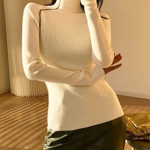 Long sleeve Plain Tight Simple Turtleneck Sweater, Pullovers, color:Apricot|size:XXL, Stylewe