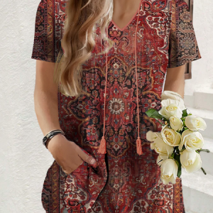 V Neck Long Sleeve Ethnic Regular Loose Shirt For Women, Blouses, color:flower|size:XXL, Noracora