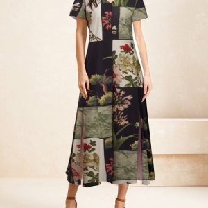 Women Floral V Neck Half Sleeve Comfy Casual Maxi Dress, Dresses, color:Black|size:XXL, Noracora