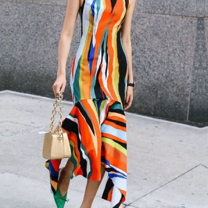 Medium Elasticity Regular Fit Elegant Stand Collar Sleeveless Geometric Maxi Dress, Maxi Dresses, color:As Picture|size:XXL, Stylewe