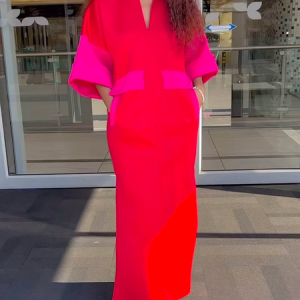 Plus Size Elegant Stand Collar Color Block Loose Maxi Dress, Plus Dresses, color:Red|size:4X, Stylewe