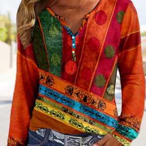 Notched Long Sleeve Abstract Buckle Regular Micro-Elasticity Loose Shirt For Women, Blouses, color:Multicolor|size:XXL, Noracora