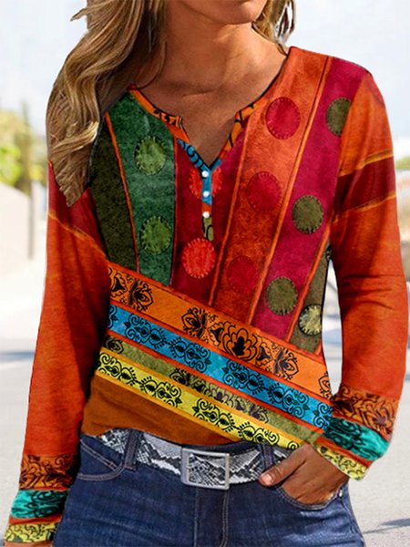 Abstract Buckle Long Sleeve Notched Casual Shirt, Long sleeves, Lilicloth.com