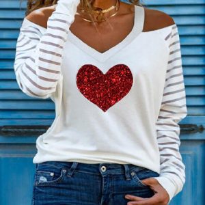 Striped Heart Print Cold Shoulder Mesh Long Sleeve Top, Blouses & Shirts, chicme - Women's Fashion Online