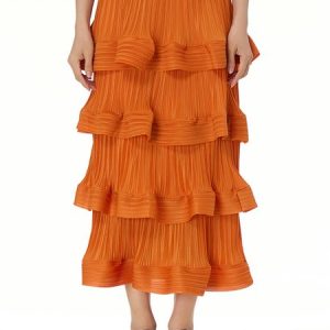 Casual Plain H-Line Natural Maxi Skirt, Skirts, color:Orange|size:M, Noracora