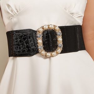Crocodile Embossed Imitation Pearl Oval Buckle Wide Belt Rhinestone Elastic Girdle, Belts, color:Black|size:One-size, Stylewe