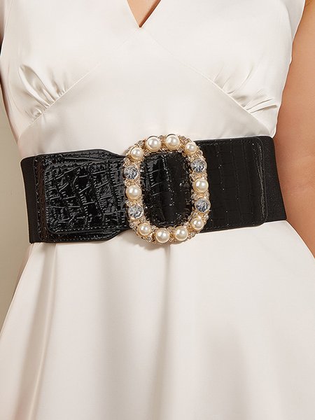Crocodile Embossed Imitation Pearl Oval Buckle Wide Belt Rhinestone Elastic Girdle, Belts, color:Black|size:One-size, Stylewe
